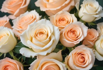 Obraz premium A close-up view of a bouquet of beautiful white and peach roses with soft, delicate petals arranged in a lush, floral pattern, blue, pink, purple, white roses