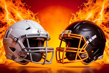 Fototapeta premium Two football helmets face off, engulfed in flames and surrounded by lightning bolts