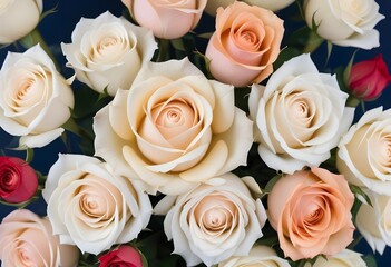 A close-up view of a bouquet of beautiful white and peach roses with soft, delicate petals arranged in a lush, floral pattern, blue, pink, purple, white roses