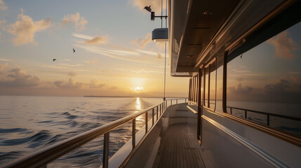 Fototapeta premium View from a luxury yacht during a sunset cruise, with calm waters, a serene sky, and birds flying, reflecting a peaceful atmosphere. 