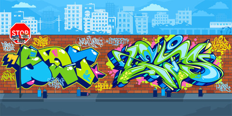 Trendy Outdoor Urban Graffiti Wall With Street Art Drawings Against The Background Of The Cityscape