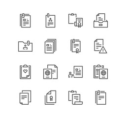 Set of documents and paper icons, contract, passport, pages and linear variety vectors.	