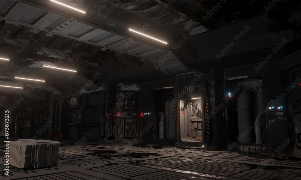 Poster Science fiction simulation base doorway in dark scene 3d rendering wallpaper background