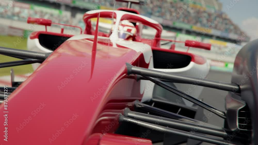 Poster close front view of a generic race car driving around a curve. formula one racing. dynamic tracking 
