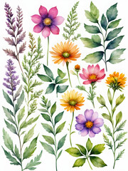 Wild field herbs flowers. Watercolor individual isolated element set 