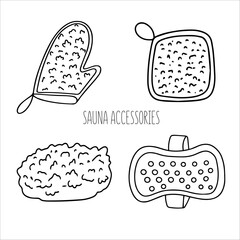 vector doodle illustrations, body washcloths, skin care products, sauna,spa supplies, outline drawing