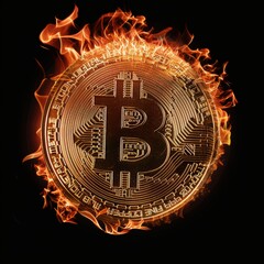 Fiery Bitcoin Explosion: Digital Currency Concept with Gold Coin Amidst Flames and Sparks