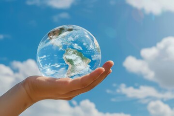 Human hands hold a glass globe against a clear blue sky background. This image conveys a powerful message about environmental care and the urgency of protecting our planet.