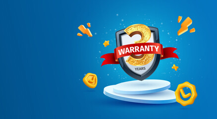 3 years warranty label vector illustration. 3d three years guarantee insurance on light blue background. Warranty service security products. Golden number three with red ribbon and shield on podium.