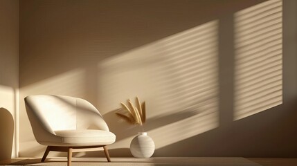 Minimalist room with cozy chair, natural light, and shadows on the wall, creating a peaceful and inviting atmosphere.