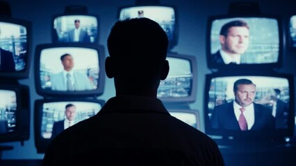Man in Front of Wall of Television Screens