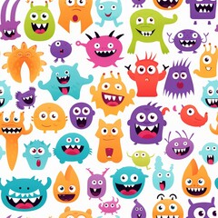 Fototapeta premium Happy Halloween. A pattern with colorful cartoon monsters on a white background. Cute kawaii cartoon character, scary and funny kid. Eyes, tongue, fang, raised hands. Flat design. White background.