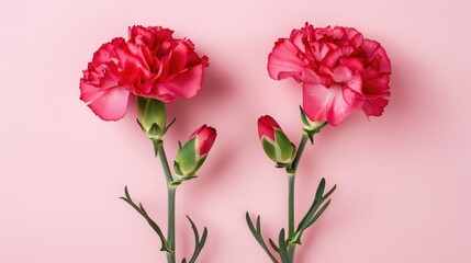 Fototapeta premium Two carnations on pink background