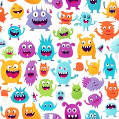 Fototapeta premium Happy Halloween. A pattern with colorful cartoon monsters on a white background. Cute kawaii cartoon character, scary and funny kid. Eyes, tongue, fang, raised hands. Flat design. White background.