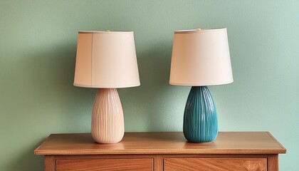 A pair of stylish ceramic table lamps on a console table.