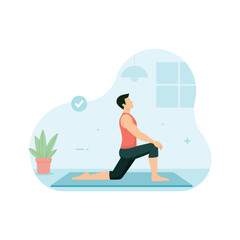 Man doing yoga in gym. Workout and exercise concept vector illustration