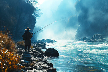 A fisherman at sunset uses a spinning rod to catch fish in a stormy river or lake.