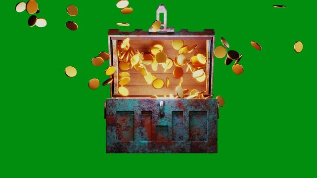 Open old wooden treasure box rusty metal edge open and splash gold coin flying front view on green screen 3D rendering