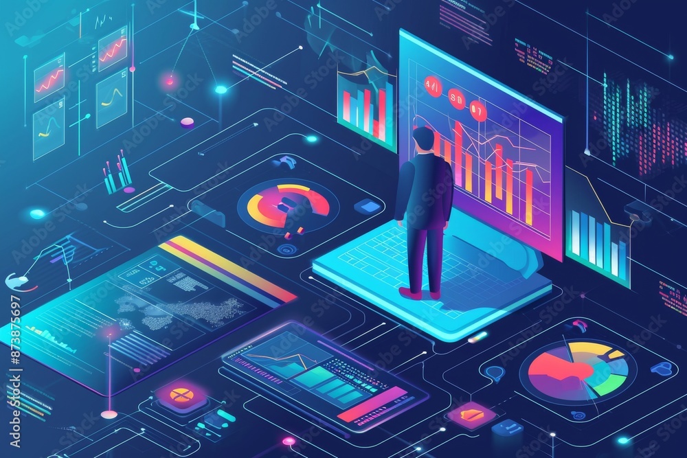 Poster isometric view digital marketing data analysis insight report, search engine and data science on soc