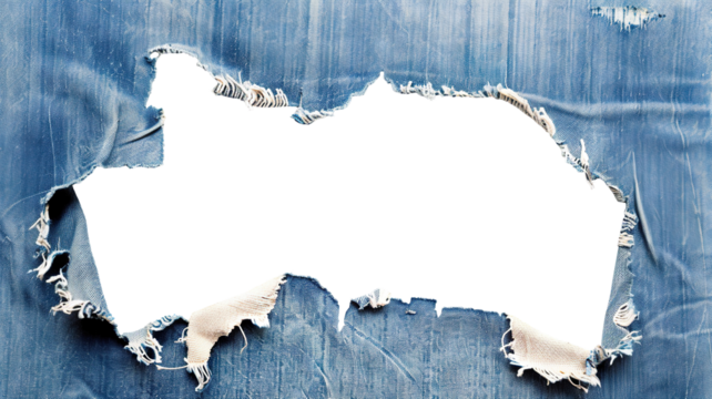Large hole in worn blue denim fabric with frayed edges, cut out