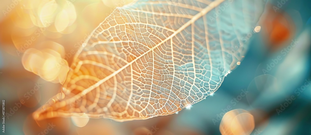 Poster close-up view of delicate skeletal leaves illuminated with soft, warm light blurring in the backgrou