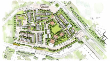 Fototapeta premium An urban design featuring a mix of buildings and trees, creating a scenic landscape from a birds eye view. The buildings are arranged in a rectangular pattern interspersed with lush green vegetation