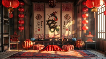 Traditional Chinese Living Room with Red Lanterns