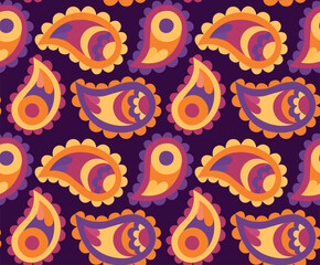Seamless colorful paisley pattern in purple and yellow colors. Vector background in flat style	
