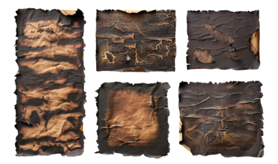 Set of burnt and crumpled paper sheets, cut out