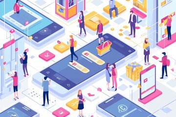 Obraz premium Isometric online shopping concept People with smartphones and social media icons Vector illustration Harness the power of influencer collaboration in social commerce, AI generated