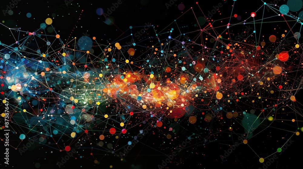 Poster digital artwork showing a virtual network connection with colorful lights on a dark background. glob