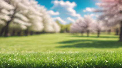 Fototapeta premium Beautiful blurred background image of spring nature with a neatly trimmed lawn surrounded by trees against a blue sky with clouds on a bright sunny day. Generative AI
