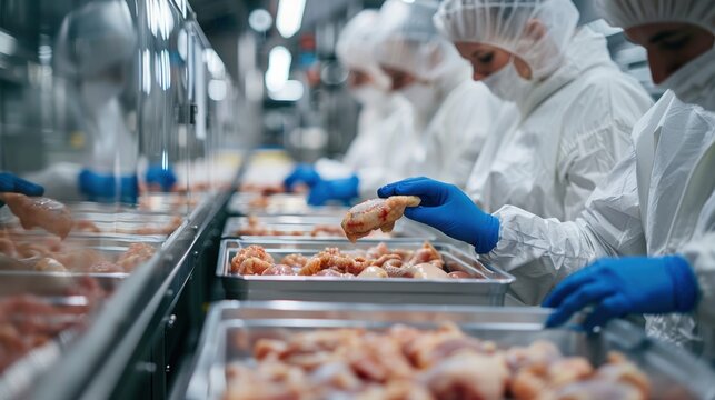 Team of Workers in White Protective Suits and Blue Gloves Inspecting Meat Products on Production Line with Packaged Chicken