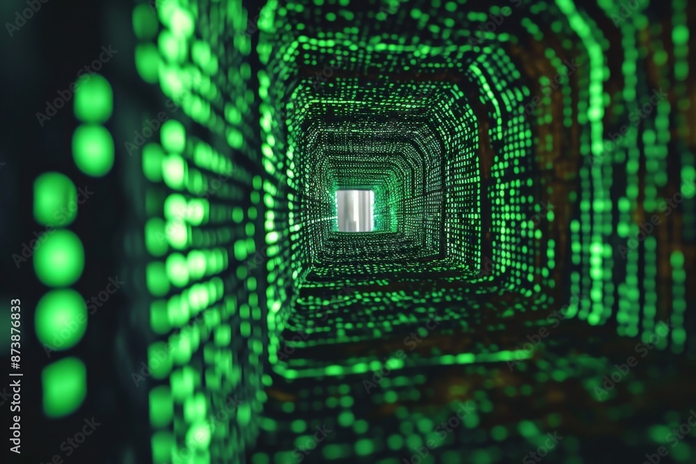 Poster infinite tunnel of binary code representing matrix, ai garneted