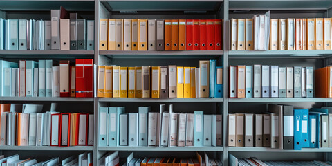 Fototapeta premium Neatly organized binders and documents on office shelves of various colors and labels. Office organization, paperwork management, administration, documentation, filing system.