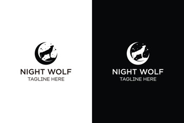 silhouette illustration of Howling Wolf with Moon logo design