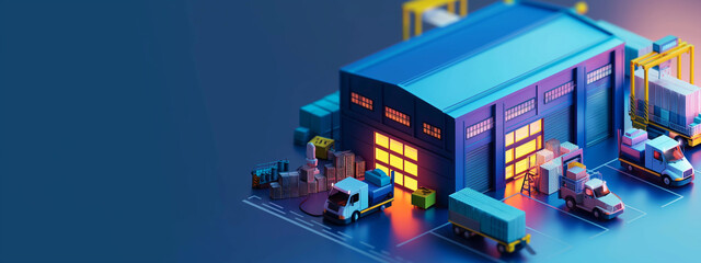 Fototapeta premium Modern warehouse facility with trucks and cargo containers on a digital 3D representation. Supply chain management, logistics efficiency, inventory control, distribution network.