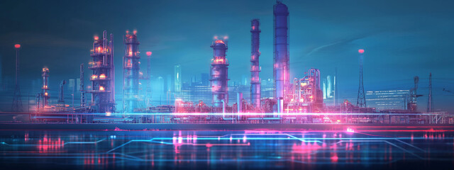 Futuristic industrial factory at night with bright neon lights and digital interface overlay. Industry 4.0, modern technology, manufacturing, digital transformation, automation concept.