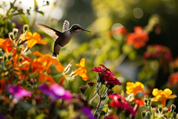 Hummingbirds hovering over brightly colored flowers, Ai generated