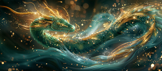 Colorful and mystical Asian dragon swirling through a magical, glowing fairytale environment. Fantasy art, digital illustration, mythical creature, magical realism, Asian folklore.