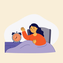 Untitled-192Illustration of a sad woman waking up in bed with an alarm clock.