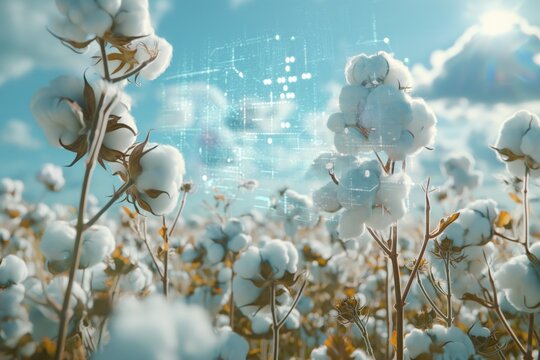 Cotton plants with digital data overlay in a sunny field. Smart agriculture, IoT in farming, precision agriculture.
