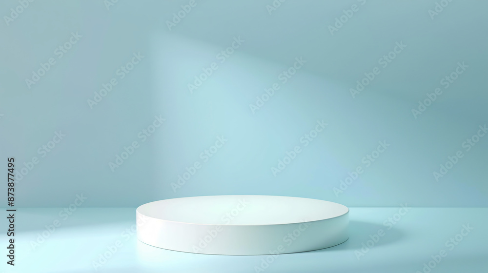 Poster studio template and white round shape pedestal on light blue background: this 3d rendering features 