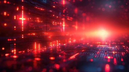Fototapeta premium Glowing red digital circuit board background with futuristic technology effects and light glow. Technology presentations, cyber security visuals, digital innovation, tech industry backgrounds.