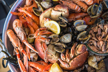 Seafood: crabs, shrimps, in restaurant top view