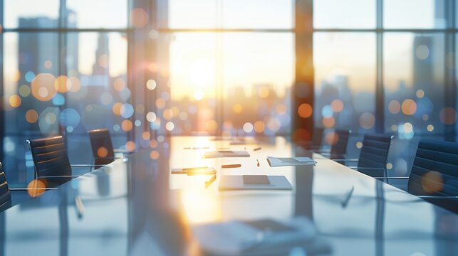 Empty boardroom table with documents and office supplies, illuminated by sunlight through large windows. Business meetings, corporate strategies, executive discussions, workspace, modern office.