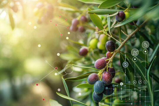 Olive branch with multicolored olives and scientific data overlays in a sunny grove. Agriculture technology, smart farming, olive oil production, precision agriculture, crop monitoring.
