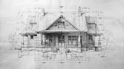 Drawing construction blueprints and floor plans black and white line drawing, on white drawing paper.