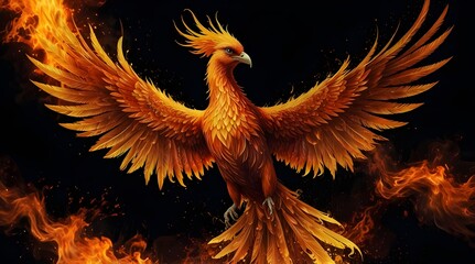 a beautiful phoenix on fire on a black background AI.generative.ai