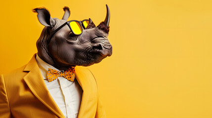 Creative animal concept. motivating Rhinoceros rhino in glam big boss outfits isolated on bright background advertisement, copy space. birthday party invite invitation banner